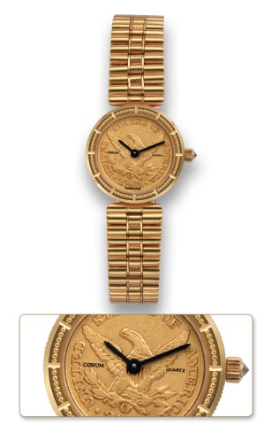 CORUM TWO AND A HALF DOLLAR COIN WATCH.Corum, No. 262294, case No. 381883. Made in the 1990's..Fine, thin, 18K yellow gold lady's wristwatch inserted in a $2.5.US gold coin dated 1847 with an integral 18K yellow gold.Corum tubular link bracelet and double