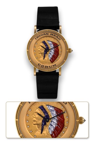 CORUM 5 DOLLAR INDIAN HEAD COIN WATCH.Corum, Indian Head, No. 183071, case No. 399234. Made in.the 1980's..Fine, 18K yellow gold wristwatch with a 5 dollar Indian Head.coin as the dial and case back with 18k gold buckle.