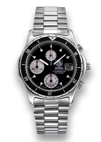 TAG HEUER REF. 173.206 2000 AUTOMATIC STEEL.Tag Heuer, Series 6000, Automatic Professional, Ref. 173.206..Produced in the 1990's..Fine, self-winding, water-resistant, stainless steel wristwatch.with date, chronograph with registers and an stainless steel.