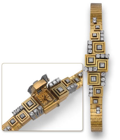 OMEGA REF. 8060 CONCEALED DIAL.Omega, No. 19580134, case No. 554135, Ref. 8060. Made in.the 1960's..Very fine, unusual and elegant, 18K yellow gold and diamond.lady