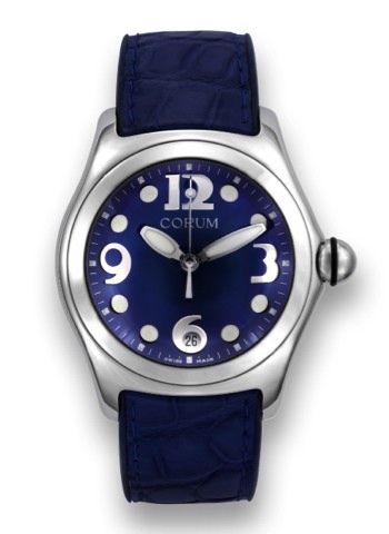 CORUM REF. 163.150.20 BLUE BUBBLE BOUTIQUE.Corum, case No. 693378, Ref. 163.150.20. Made circa 2000..Fine and unusual, center seconds, water-resistant, curved.stainless steel quartz wristwatch with date, thick domed.crystal creating a lens effect, and a s