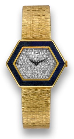 PIAGET REF. 9553 A6 HEXAGON YELLOW GOLD DIAMOND AGATE.Piaget, case No. 283441, Ref. 9553 A6. Made in the 1970s..Fine, hexagonal, 18K yellow gold, lady's wristwatch with diamond-set dial and agate bezel and an integral 18K.yellow gold Piaget bracelet. Ac
