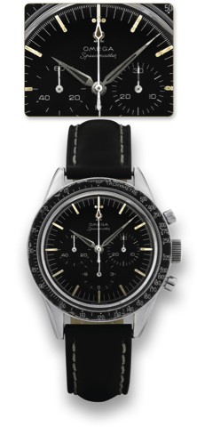 OMEGA REF. 105002 SPEEDMASTER STEEL.Omega, Speedmaster, movement No. 19584900.Ref. 105002-62. Made in 1962..Fine and rare, anti-magnetic, water-resistant, stainless.steel wristwatch with round button chronograph, registers.tachometer and a stainless steel