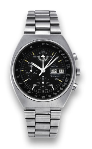 OMEGA SPEEDMASTER MARK 4.5 STEEL.Omega Speedmaster, Automatic, Ref. ST 176.0012..Made in the late 1970s..Fine and rare self-winding, water-resistant, tonneau-shaped.stainless steel wristwatch with day, date, round button.chronograph, 12-hour register, cen