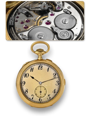 CARILLON GRANDE SONNERIE AND MINUTEREPEATING.CLOCKWATCH.Attributed to Cesar Racine, No. 4238, case No. 150054..Made circa 1910..Fine and very rare, trip minute-repeating, 18K yellow gold.keyless, two-train, carillon Grande Sonnerie clockwatch with.three h