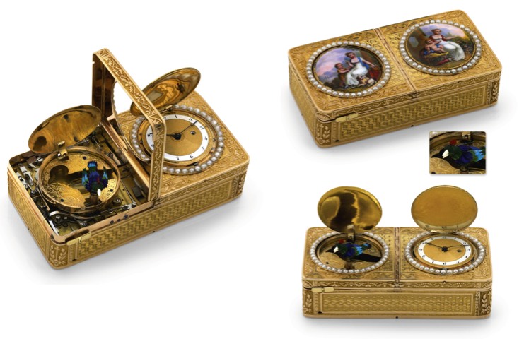 MAGNIFICENT GOLD ENAMEL SINGING BIRD SNUFF BOX.WITH CONCEALED WATCH.Attributed to Freres Rochat, Geneva. Made for the Chinese market, circa 1815..Magnificent and extremely rare, 18K gold and pearl-set, combined singing bird box with snuff.box, watch and