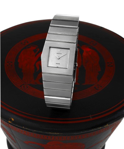 ROLEX REF. 9630, KING MIDAS _ WITH ORIGINAL BOX AND PAPERS.Rolex, No. 347, case No. 1775737, Ref. 9630. Sold on July 23rd, 1970..Fine and elegant, asymmetrical, left-handed, heavy 18K white gold wristwatch with an integral 18K white gold Rolex link bracel