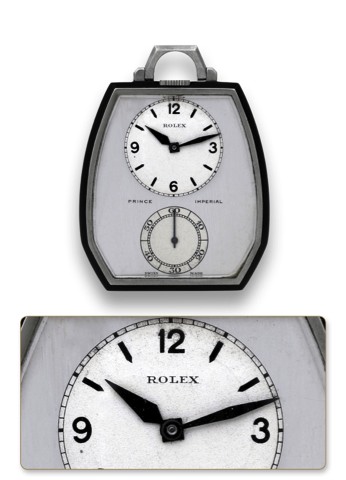 ROLEX, REF. 1585, PRINCE IMPERIAL, STAINLESS.STEEL AND ENAMEL.Rolex, Prince Imperial Ref. 1585, movement No. 1000104.case No. F1898. Made circa 1940..Fine, stainless steel and black enamel, keyless dress pocket.watch with Class A Observatory movement.