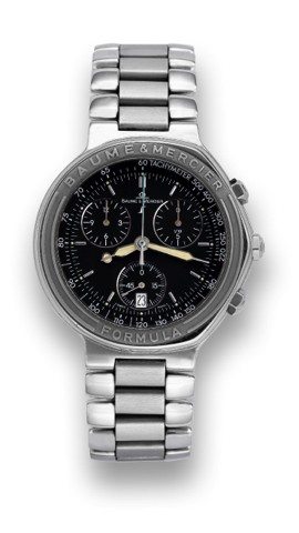 BAUME MERCIER, FORMULA S.Baume Mercier, Formula S, case No..5024558, Ref. MV 04 FO 08. Made in.the 2000's..Fine, chronograph, asymmetric, stainless.steel quartz wristwatch Baume Mercier.stainless steel bracelet with deployant.clasp. Accompanied by a