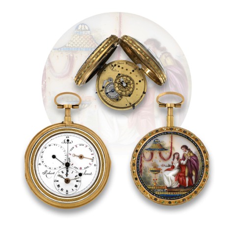 SORET _ QUARTER REPEATING CENTER.SECONDS WATCH WITH DUAL CALENDAR.REGULATOR DIAL.Jean Robert Soret, (Geneva), No. 28815. Made circa 1790..Extremely fine and very rare, center-seconds, quarterrepeating.18K gold and painted on enamel pocket watch.with dua