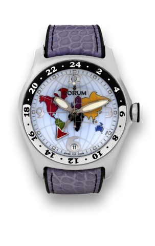 CORUM BUBBLE TWO-TIME.ZONE.Corum, Bubble Two-Time Zone, case.No. 800362, Ref. 383.250.20. Made in.the 1990s..Fine and unusual, large and curved, selfwinding.water-resistant, center seconds.two-time zone, stainless steel wristwatch.with date, thick domed c
