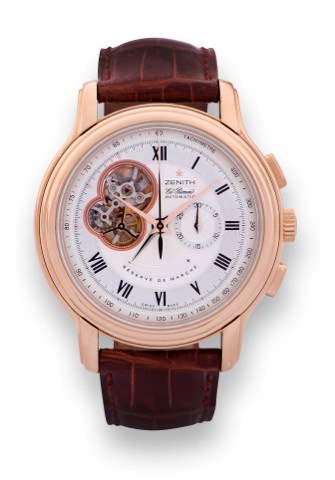 ZENITH, REF. 18 1260 4021. PINK GOLD EL PRIMERO CHRONOMASTER OPEN.Zenith, ChronoMaster Open - El Primero, Ref. 18 1260 4021. Sold on September.18th, 2004..Fine, large and heavy, self-winding, water-resistant, 18K pink gold wristwatch with.square button ch