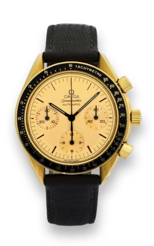 OMEGA REF. BA1750032 GOLD.SPEEDMASTER AUTOMATIC.Omega, Speedmaster, Automatic, case No. 49051240.Ref. BA1750032. Made in the 1990s..Fine, asymmetric, water resistant, self-winding, 18K yellow.gold wristwatch, round button chronograph, registers.tachometer