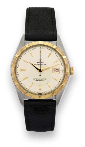 ROLEX REF. 5031.STEEL GOLD.Rolex, Oyster Perpetual, Officially.Certified Chronometer, case No..612627, Ref. 5031. Made in 1948..Fine and rare, tonneau-shaped, centerseconds.self-winding, waterresistant.18k yellow gold and stainless steel.chronometer’s w