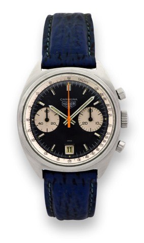 HEUER, REF. 73453. CARRERA.Heuer, Carrera, No. C 2030-2.Ref. 73453. Made in the 1970s..Fine, tonneau-shaped, water resistant.stainless steel wristwatch, round button.chronograph, registers, date, tachometer