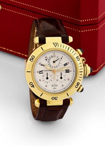 CARTIER REF 1353 YELLOW GOLD PASHA.CHRONOGRAPH.Cartier, Pasha Chrono-Reflex, No. MG239041, Ref. 1353..Made in 1997 to commemorate the 150th anniversary of.the founding of the company by Louis- Francois Cartier..Fine and rare, water-resistant, quartz, 18K 