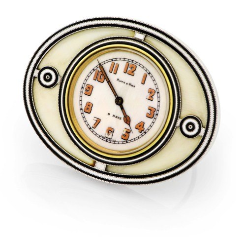 MAPPIN WEBB SILVER ENAMEL DESK CLOCK.Swiss, No. 1907, retailed by Mappin Webb (London). Made.circa 1920..Fine, silver, enamel and ivory, 8-day going desk clock.