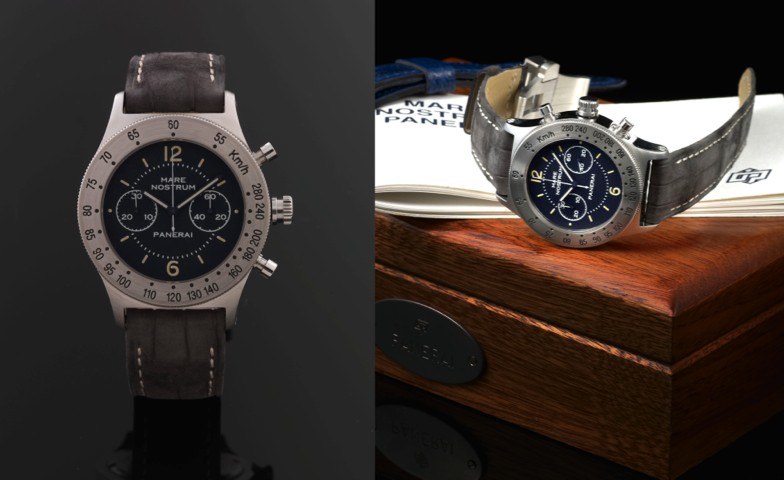 PANERAI REF. 5218-301/A MARE NOSTRUM STEEL.Officine Panerai, Firenze 1860, Mare Nostrum, No. 0427, Ref. 5218-301/A. Made in 1994..Fine and rare, large, water-resistant, stainless steel wristwatch with round button chronograph, register, tachometer and a s