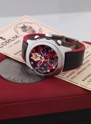 CORUM REF. 285.340.20 LUCIFER BUBBLE.CHRONOGRAPH STEEL.Corum, Bubble Chronograph – Lucifer The Collector Series.No. 536 / 666, case No. 1684787, Ref. 285.340.20. Made in a.limited edition of 666 pieces in 2004..Fine and unusual, large, curved, self-windin