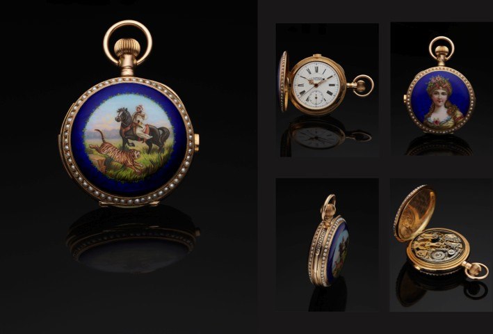 J. ULLMAN CO. CHINESE MARKET MINUTE REPEATING CHRONOGRAPH HUNTING CASE YELLOW GOLD.ENAMEL.J. Ullmann Co., Chaux-de-Fonds, Switzerland, locations in Hong Kong, Shanghai, Tientsin and Wladiwostock, No. 20091. Made.circa 1900..Fine, 14K yellow gold, pear