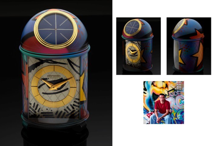 PATEK PHILIPPE SOLAR DOME CLOCK HAND-PAINTED BY.RENOWNED GRAFFITI ARTIST CRASH.Patek Philippe, Geneve, Pendulette Dome, No. 872577, Ref. 1739. Made.circa 1960..Very fine and rare solar-powered and electro-mechanical gilt brass and.hand-painted table clock
