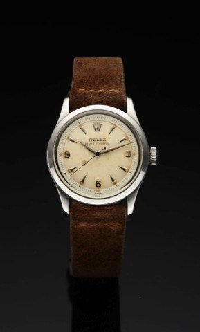 ROLEX REF. 6332 OYSTER PERPETUAL STEEL.Rolex, Oyster Perpetual, case No. 981953, Ref. 6332. Made.in 1954..Fine center seconds, self-winding, water-resistant, stainless.steel wristwatch with a stainless steel Rolex buckle..To be sold without reserve
