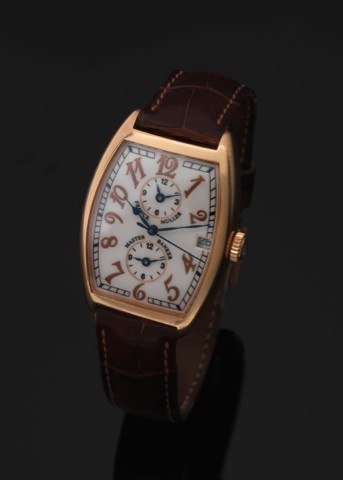 FRANCK MULLER REF. 2852 MB MASTER BANKER.YELLOW GOLD.Franck Muller, Genève, Cintrée Curvex - Master Banker.No. 289, Ref. 2852 MB. Made in circa 2002..Fine and rare, tonneau-shaped, curved, center seconds, selfwinding.water-resistant, 18K yellow gold wrist