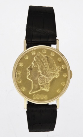 AUDEMARS PIGUET, 20 DOLLAR.COIN WATCH, YELLOW GOLD.Audemars Piguet, Twenty Dollars 1894, Genève, No..271083, case No. C 12617. Made circa 1975..Very fine 18K yellow gold wristwatch, set into a U.S..20 Dollar coin dated 1894.