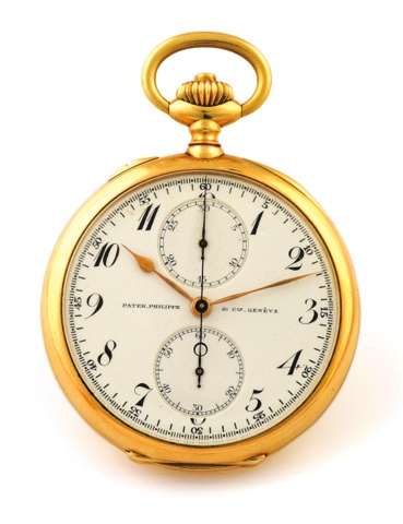 Patek Philippe Yellow Gold.Chronograph with Breguet Numerals.Patek Philippe Cie, Genève, movement No. 156620.case No. 272501. Made circa 1910..Very fine and rare, 18K yellow gold keyless, pocket.watch with chronograph.