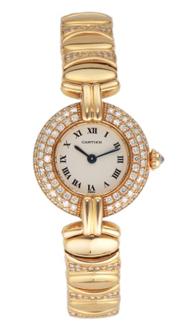CARTIER REF. 0281 YELLOW GOLD DIAMOND.Cartier, case No. 8057922, Ref. 0281. Made in the.2000’s..Very fine, water-resistant, 18K yellow gold and diamond.lady’s quartz wristwatch with an 18K yellow gold Cartier.link bracelet with double deployant clasp. A