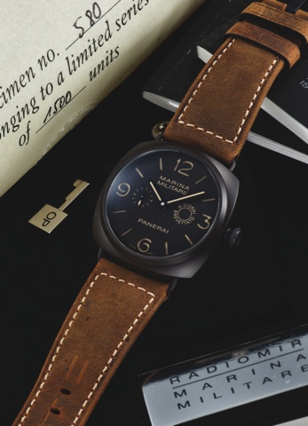 PANERAI REF. OP 6806 PAM 339 8 DAY RADIOMIR COMPOSITE.Panerai, Marina Militare, Composite Radiomir 8 Day.Brevettato, No. M 0580 / 1500, Ref. OP 6806. Made in a.limited edition of 1500 examples in 2010..Very fine, large, cushion-shaped, water-resistant.8 d