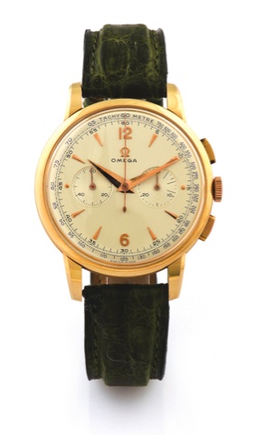Omega Ref 2465 Yellow Gold.Chronograph.Omega, movement No. 10830661, case No. 11002101.Ref. 2465. Made in 1944..Very fine, large, 18K yellow gold wristwatch with square.button chronograph, tachometer, register with an Omega.gold plated buckle.