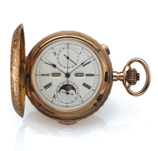 TEMPORA QUARTER REPEATER TRIPLE.DATE CHRONOGRAPH PINK GOLD.Tempora, Swiss, case No. 1510. Made circa 1905..Fine, 14K pink gold, hunting cased, keyless.quarter-repeating pocket watch with triple.date calendar, chronograph and moon phases..Accompanied by as