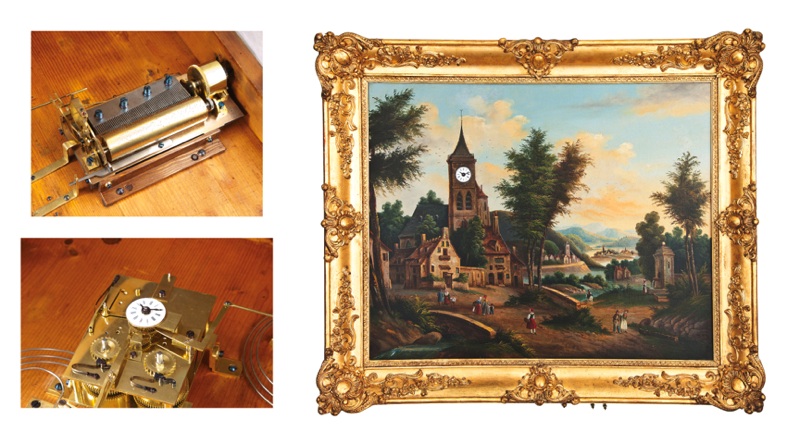 MONS WURTEL TABLEAU À MUSIQUE.WITH MUSIC AND VESPERS.Mons. Wurtel, 12 Boulevard Bonne Nouvelle.Paris. Made circa 1860..Very fine eight day going, hour and half-hour.striking musical clock painting, with echo on.the hour, and vespers, the music playing one