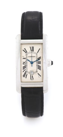 CARTIER TANK AMERICAINE, AUTOMATIC WHITE GOLD.Cartier, Tank Americaine,, case No. CC154191, Ref. 1726. Made in the 1990s..Fine, rectangular curved, self-winding, water-resistant, 18k white gold lady’s.wristwatch with an 18k white gold Cartier buckle.