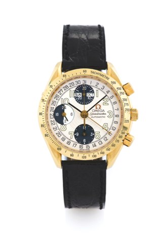 OMEGA SPEEDMASTER DAY-DATE.Omega Speedmaster Day-Date, Automatic, case No. 58952993, Ref. 175.0064..Made in 2002..Fine, self-winding, water-resistant, 18k yellow gold wristwatch, round button.chronograph, registers, tachometer, 24 hours, triple date and a