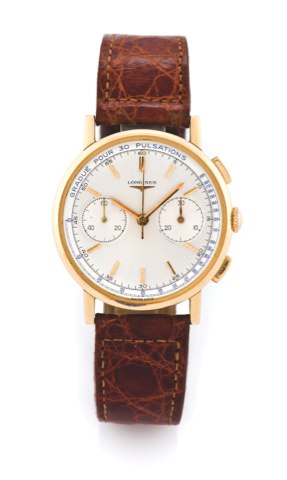 Longines PinK Gold Medical Chronograph.Longines, movement no. 10115945, case no.379534, ref. 7414 10. Made in the 1960’s..Fine, 18K pink gold wristwatch with square button flyback chronograph, register and.pulsation scale.