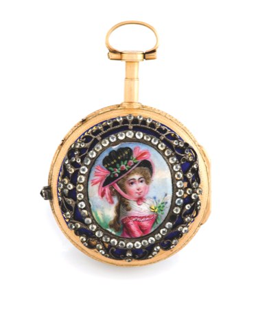Monnier Mussard – Montre a Portrait.Monnier Mussard (Genève), no. 6608. made circa 1780..fine and rare, gold and painted on enamel, paste-set, pair-cased pocket watch..c. Outer: two-body, back with painted on enamel portrait of a lady, paste.frame, tr
