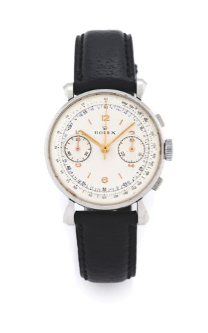 ROLEX REF. 4099.Rolex, Chronographe, Anti-Magnetic, No. 583145.Ref. 4099. Made circa 1944..Very fine and rare, stainless steel wristwatch with square.button chronograph, register, tachometer and telemeter.
