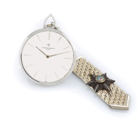 VACHERON CONSTANTIN - WHITE GOLD DRESS WATCH.Vacheron Constantin, Genève, No. 595786, case No. 427148, Ref. 6760. Made in the 1960s..Very fine and rare, extra thin, keyless, 18K white gold montre couteau dress watch with an 18K white gold watch fob ap