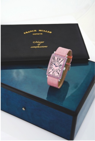 FRANCK MULLER WHITE GOLD, PINK SAPPHIRE.AND DIAMOND LONG ISLAND.Franck Muller, Genève, Long Island, No. 95.Ref. 1000 SC S. Made circa 2000..Fine and elegant, rectangular curved, water-resistant.18K white gold lady’s wristwatch the bezel set with 144.pink 