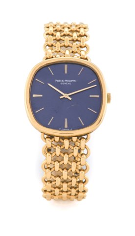 PATEK PHILIPPE ELLIPSE, REF 3844/2.Patek Philippe, Genève, movement No. 1321941, case No. 2759250, Ref. 3844 2. Made in the 1970s..Fine, thin, cushion-shaped, 18K yellow gold wristwatch with an 18K yellow gold Patek 463 integrated à mailles bracelet.