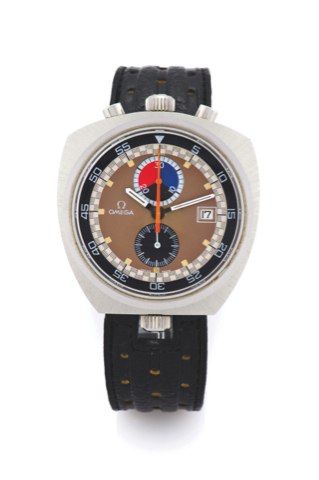 OMEGA, SO-CALLED BULLHEAD.Omega, Seamaster, Ref. ST 146.011. Made circa 1970..Very rare, fine and unusual, water-resistant, asymmetric, stainless steel wristwatch with round-button chronograph, date, 30-minute register, inner revolving bezel and a stainle