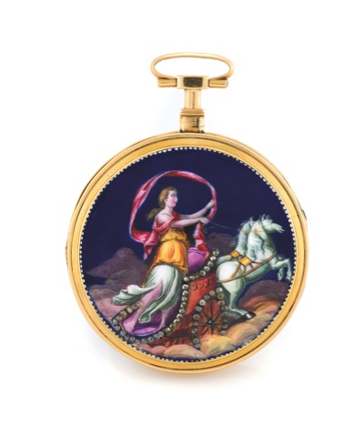 GOLD ENAMEL WATCH ‘AURORA’.Swiss, No. 5865. Made circa 1800..Fine, 18K gold, painted on enamel and paste-set pocket watch.