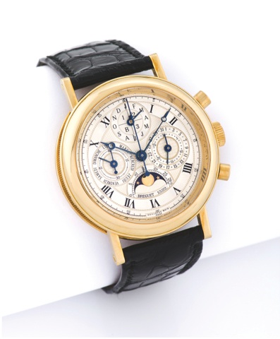 BREGUET PERPETUAL CALENDAR CHRONOGRAPH YELLOW GOLD.Breguet, Chronograph, Quantieme Perpetuel, movement No..1249, case No. 1322 F, Ref. 3617. Made circa 2000..Very fine and rare, 18K yellow gold wristwatch with round.button chronograph, register, perpetual