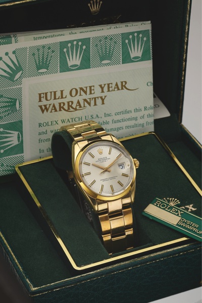 ROLEX REF. 15505 DATE GOLD SHELL.Rolex, Oyster Perpetual Date, Superlative Chronometer.Officially Certified, case No. 8151937, Ref. 15505. Made in.1985..Fine, center seconds, self-winding, water-resistant, yellow.gold shell over stainless steel