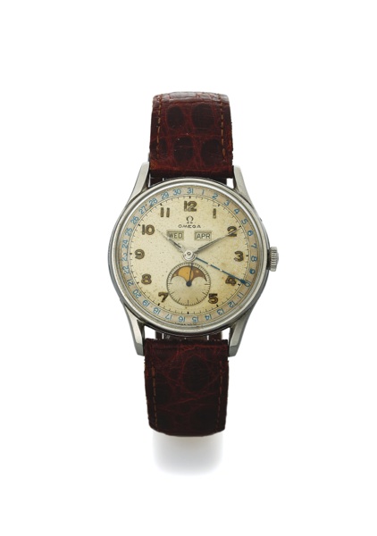 OMEGA REF. 2471 TRIPLE DATE.CALENDAR MOON PHASES STEEL.Omega, movement No. 11204819, Ref. 2471/3. Made circa 1958..Fine, stainless steel wristwatch with triple date calendar and moon phases.