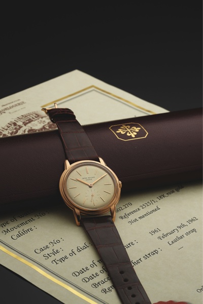 PATEK PHILIPPE REF. 2525 PINK GOLD.Patek Philippe, Genève, No. 751015, case No. 2602270, Ref..2525-1. Made in 1961, sold February 9th, 1962..Very fine and rare, water resistant, 18K pink gold wristwatch..Accompanied by an original Patek Philipp