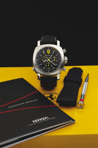 FERRARI FER 00010 RATTRAPANTE STEEL.Ferrari, Engineered by Officine Panerai, Rattrapante, No. F A328 / 500, case No. BB 1191191, Ref. F 6657. Made in a limited series of 500 pieces in 2006, sold April 27th, 2007..Fine, cushion-shaped, large, wa