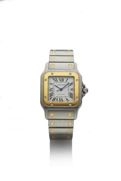 CARTIER REF. 2319.SANTOS AUTOMATIC STEEL GOLD.Cartier, Santos, Automatic, case No. 970369 CD, Ref. 2319. Made in the 1990s..Fine, square, center seconds, self-winding, water-resistant, stainless steel and 18K yellow gold mid-size wristwatch w